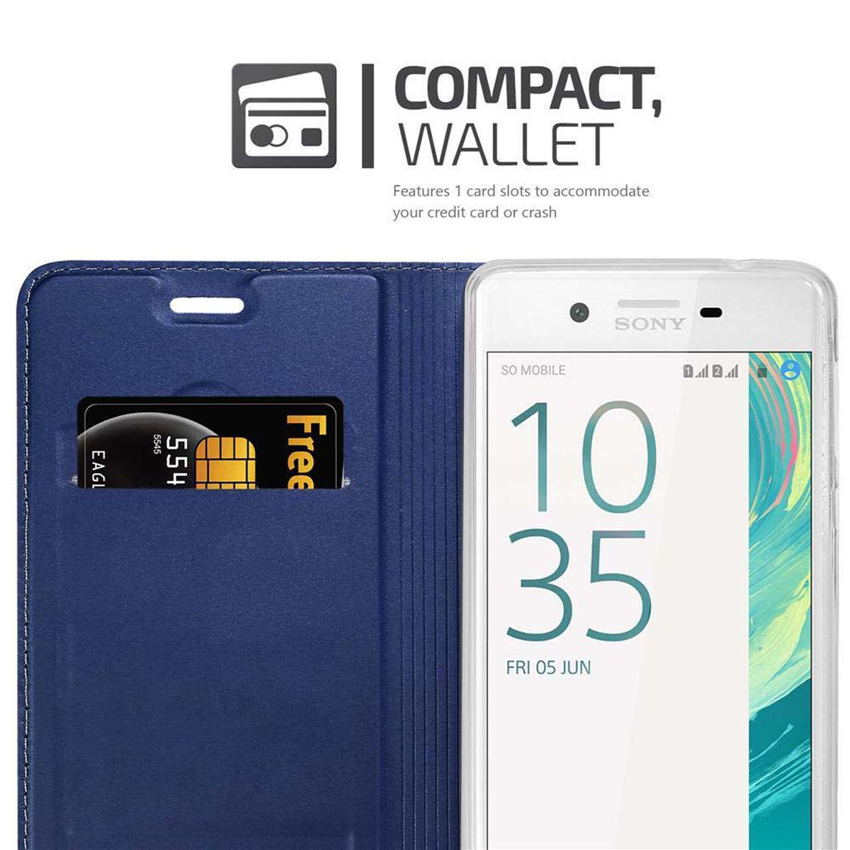 Custodia blu per telefono con fessure per carte di credito. Una carta di credito e un telefono sono nella custodia.