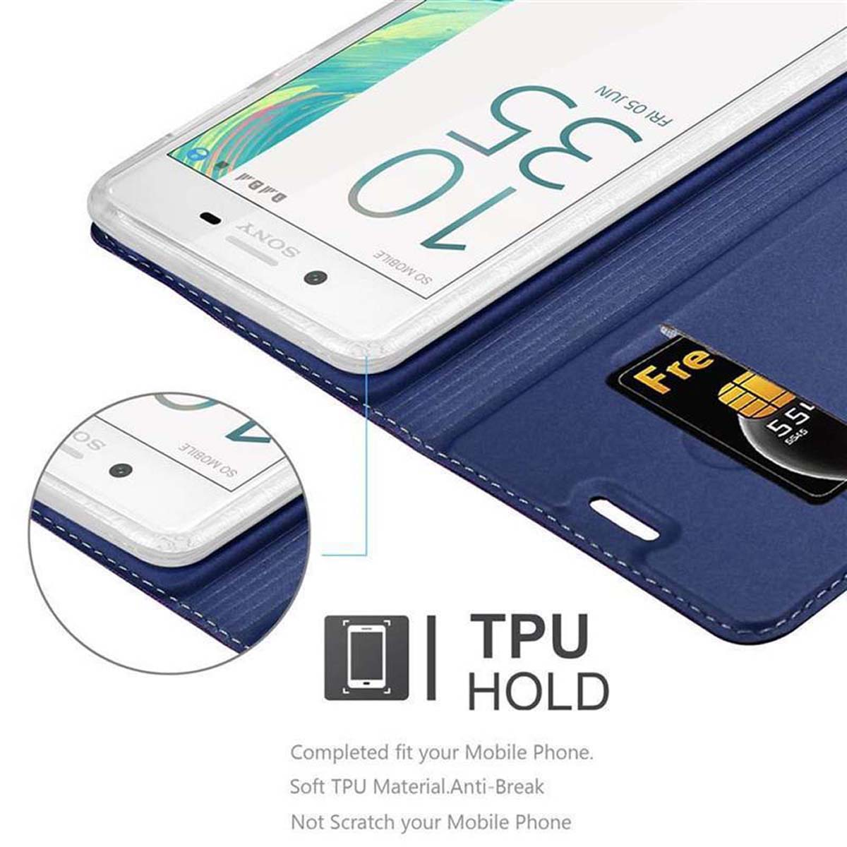 Custodia per telefono blu aperta con un telefono all'interno. Una carta si trova in uno slot. Testo: TPU Hold. Il telefono mostra l'ora.