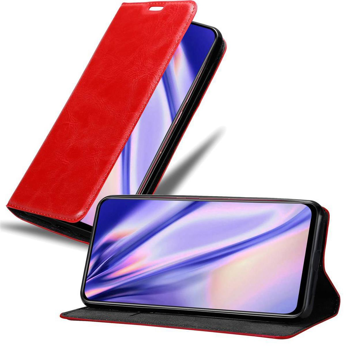Rote Handyhülle, geöffnet, um das Telefon zu zeigen. Das Telefon befindet sich in der Hülle.