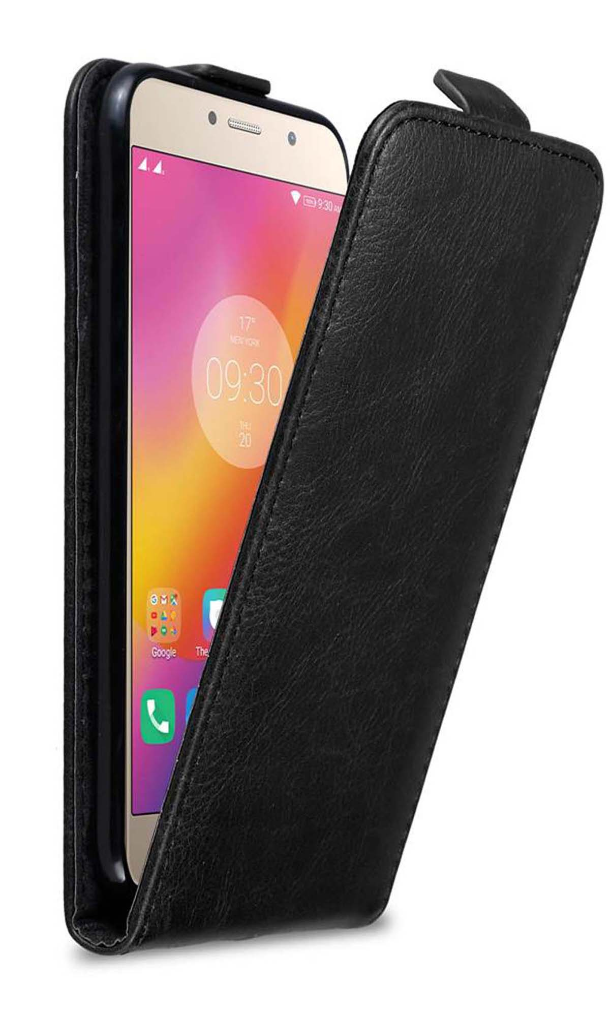 Custodia nera per telefono con un telefono dorato all'interno. Il telefono è nella custodia aperta, con lo schermo visibile.