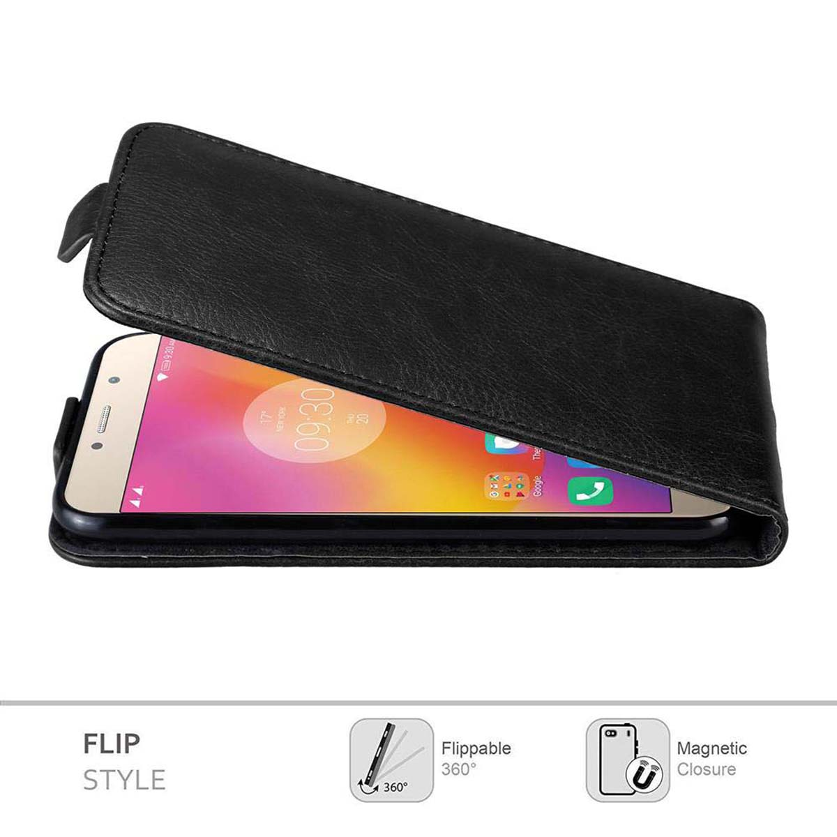 Una custodia per telefono nera che tiene un telefono. Il testo dice stile flip.