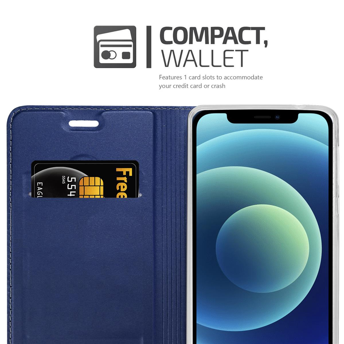 Custodia per telefono blu con telefono all'interno, carta visibile. Testo: Compatto, Portafoglio.
