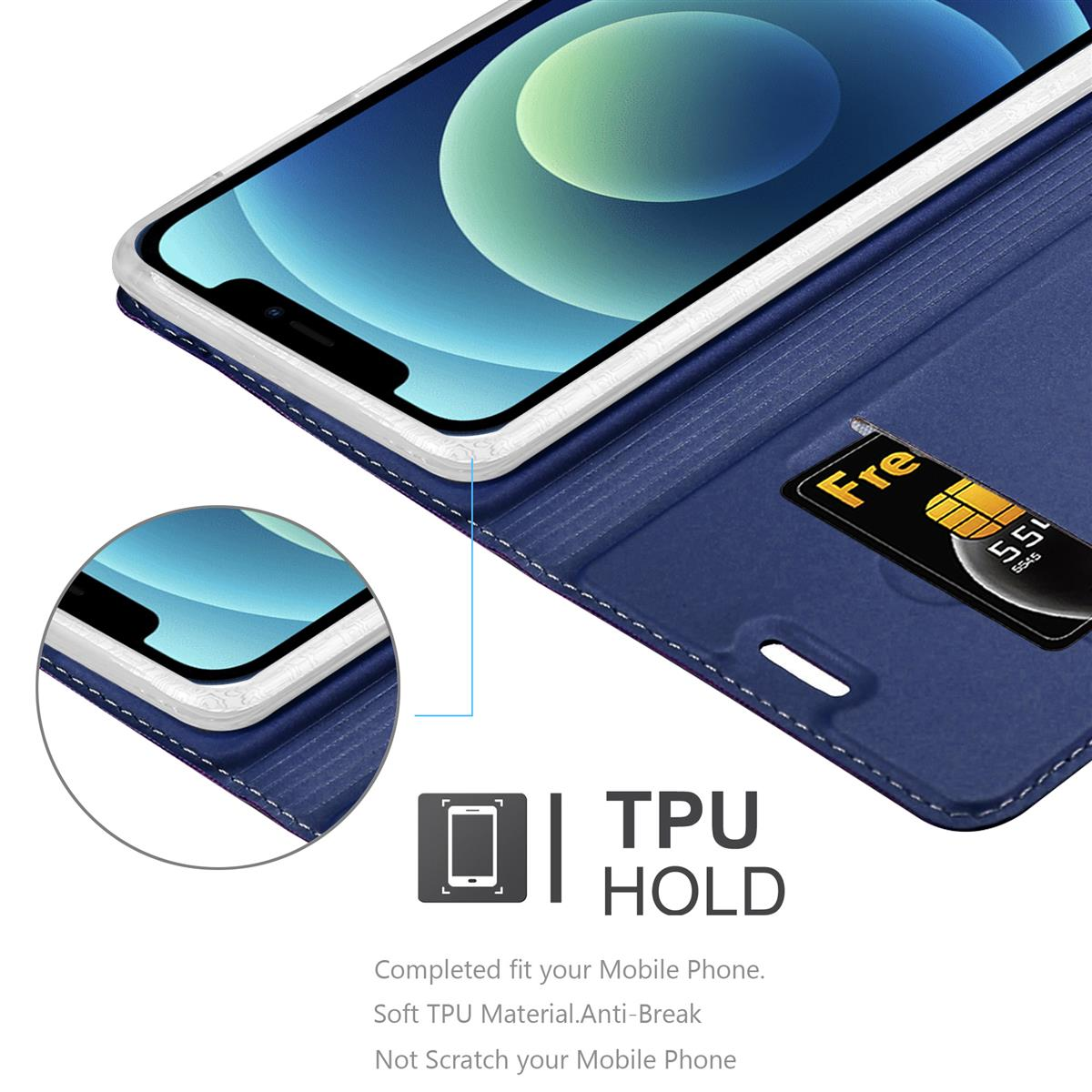 Custodia blu aperta, mostra un telefono. Ha una carta e cuciture bianche. Include supporto TPU e dettagli telefono.