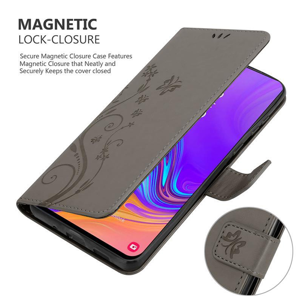 Una custodia per telefono grigia con un telefono all'interno. Ha una chiusura magnetica e un design floreale.