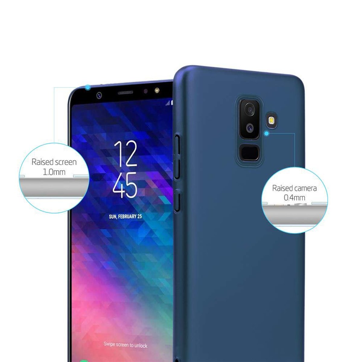Blaues Telefon mit Hülle. Die Hülle bedeckt Rückseite und Seiten, mit Kameraausschnitt.