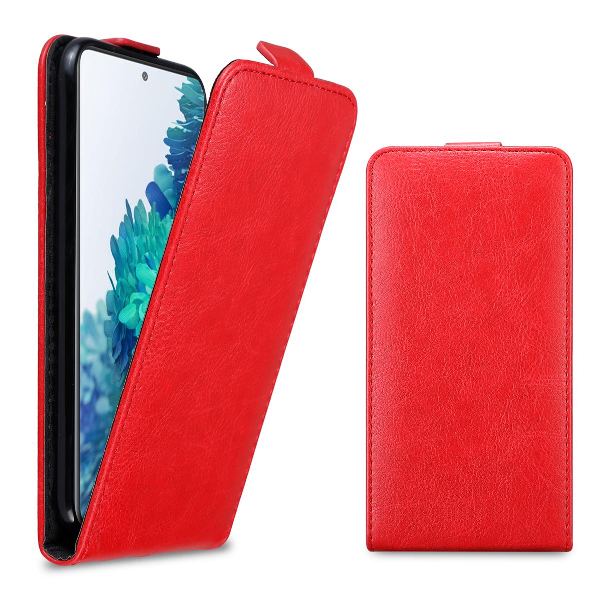 Custodia rossa per telefono, parzialmente aperta, mostra un telefono con sfondo floreale blu.