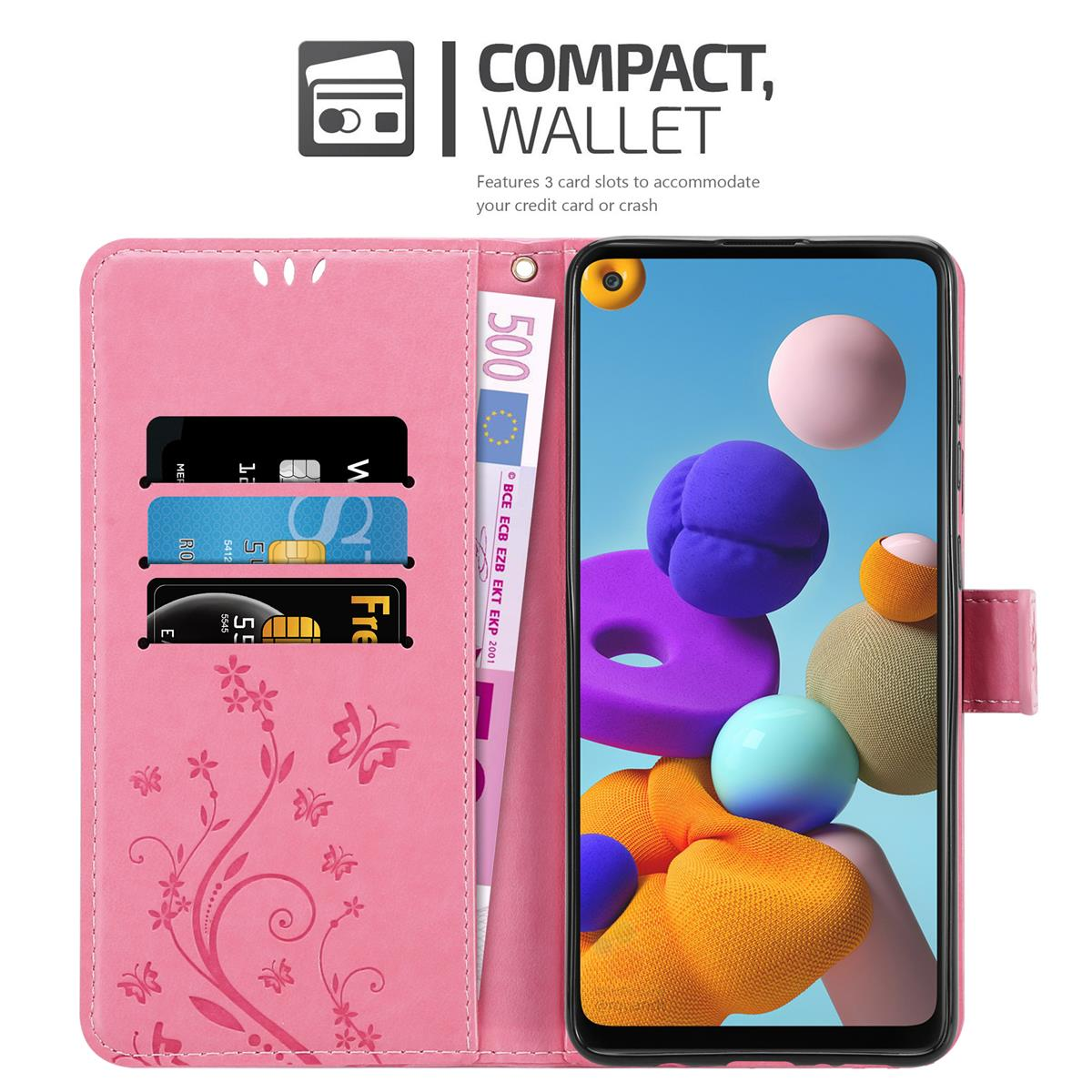 Coque de téléphone rose avec cartes et argent à l'intérieur. Le téléphone est visible, montrant des graphiques colorés.