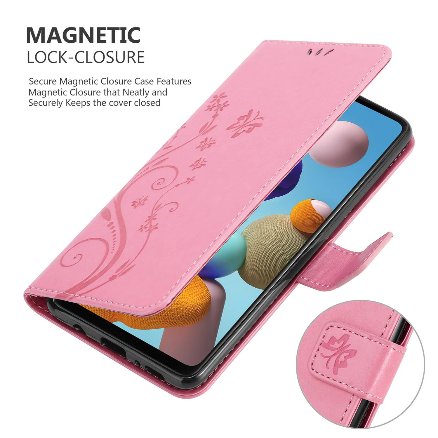 Étui de téléphone rose, ouvert avec téléphone. Design floral sur la couverture. Fermeture magnétique.