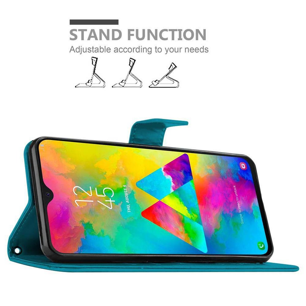 Una custodia per telefono turchese con un telefono all'interno. Il telefono mostra un'immagine colorata. La funzione stand è pubblicizzata.