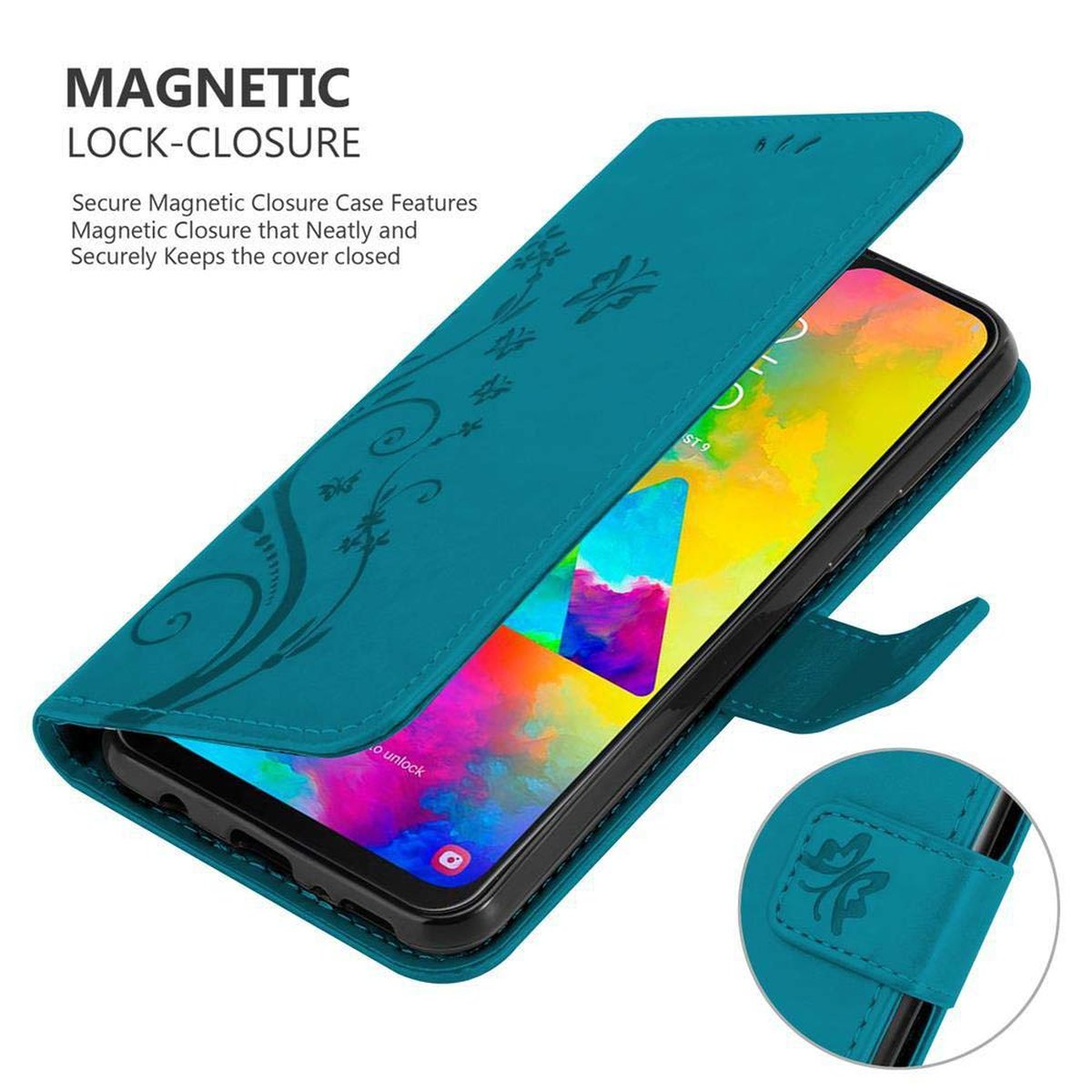 Una custodia per telefono color verde acqua è aperta. Un motivo floreale è sul davanti. Il testo recita CHIUSURA MAGNETICA.