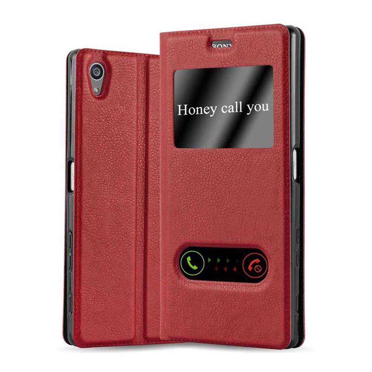 Una funda de teléfono roja con un teléfono dentro, dice 'Honey call you'.