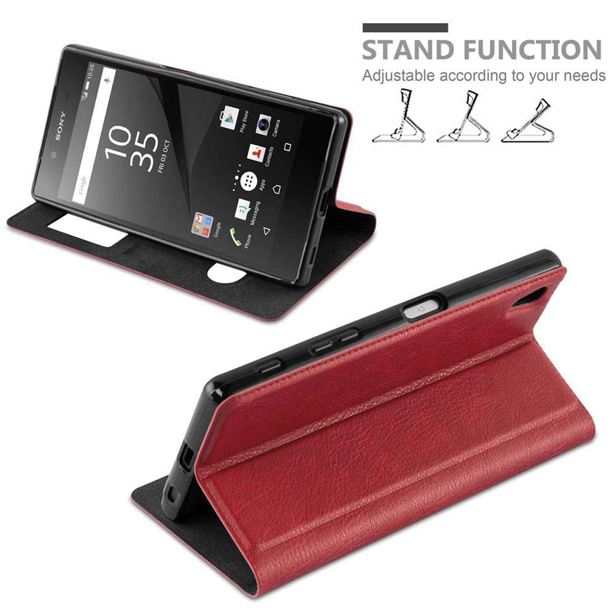 Funda de teléfono con un teléfono dentro, abierta, mostrando la pantalla. Tiene función de soporte.