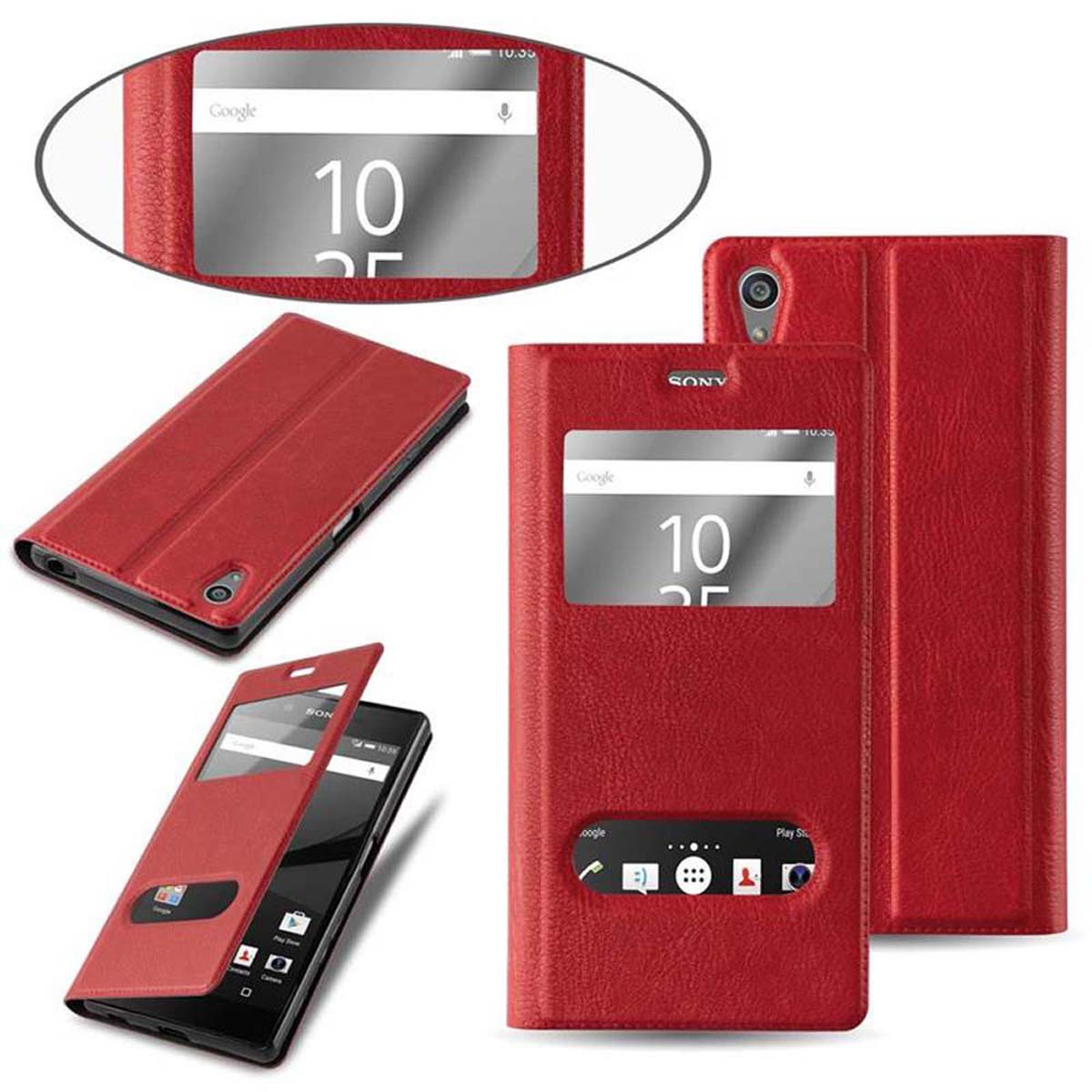 Funda roja para teléfono con teléfono dentro. La funda tiene una ventana abierta que muestra la hora 10:35.