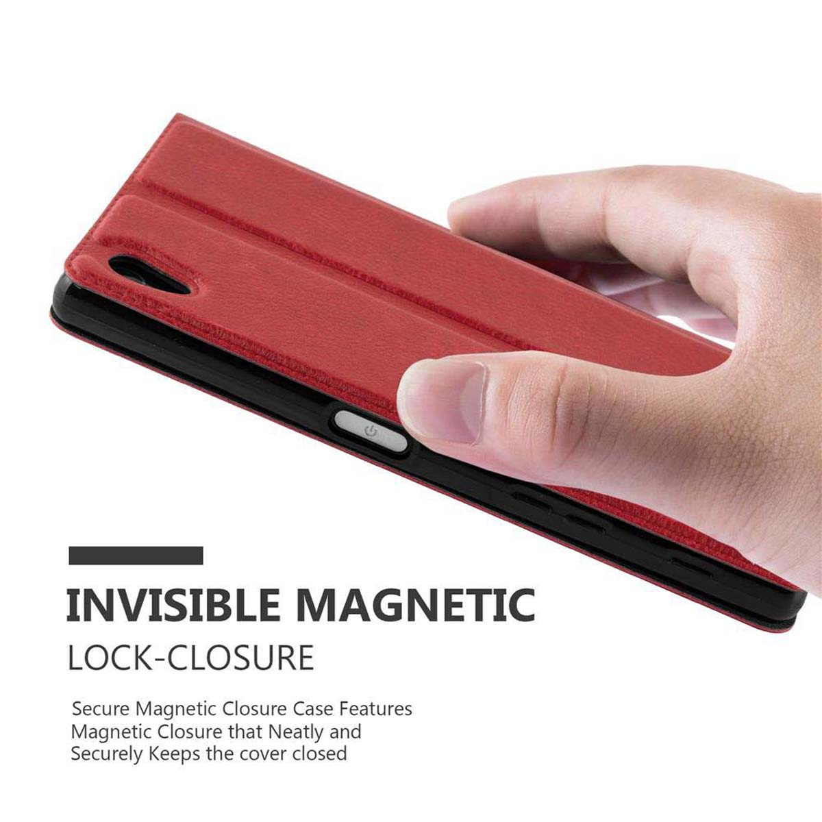 Funda de teléfono roja cerrada. La funda está cerrada y tiene un cierre magnético.