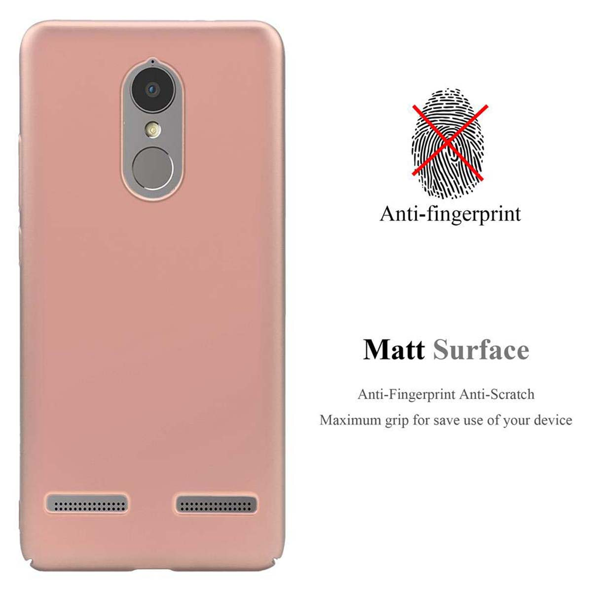 Rosafarbene Handyhülle, Vorderseite. Text: Anti-Fingerabdruck, matte Oberfläche, Anti-Kratz, und Halt für sichere Nutzung.