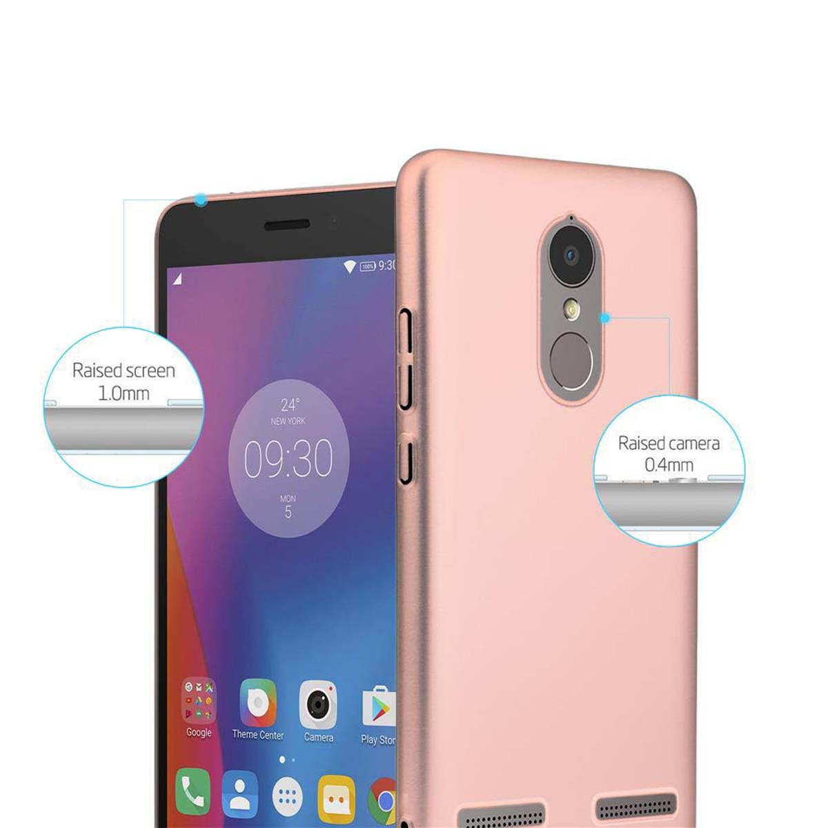 Roségoldenes Telefon und Hülle. Text zeigt erhöhten Bildschirm und Kamera-Funktionen. Telefon sichtbar.