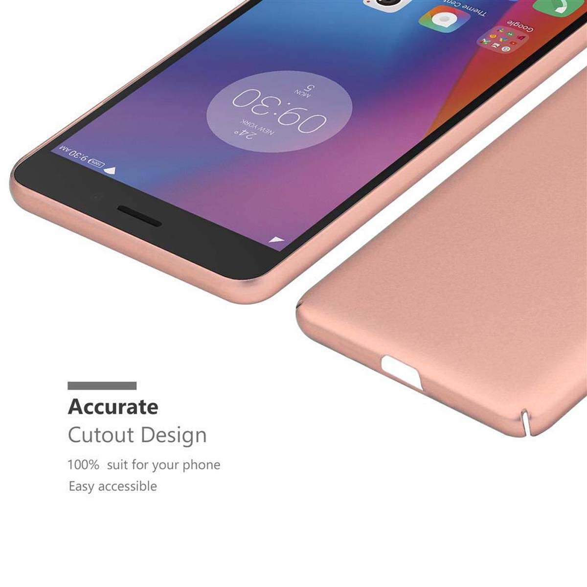 Roségoldene Handyhülle mit Telefon, das den Startbildschirm zeigt.