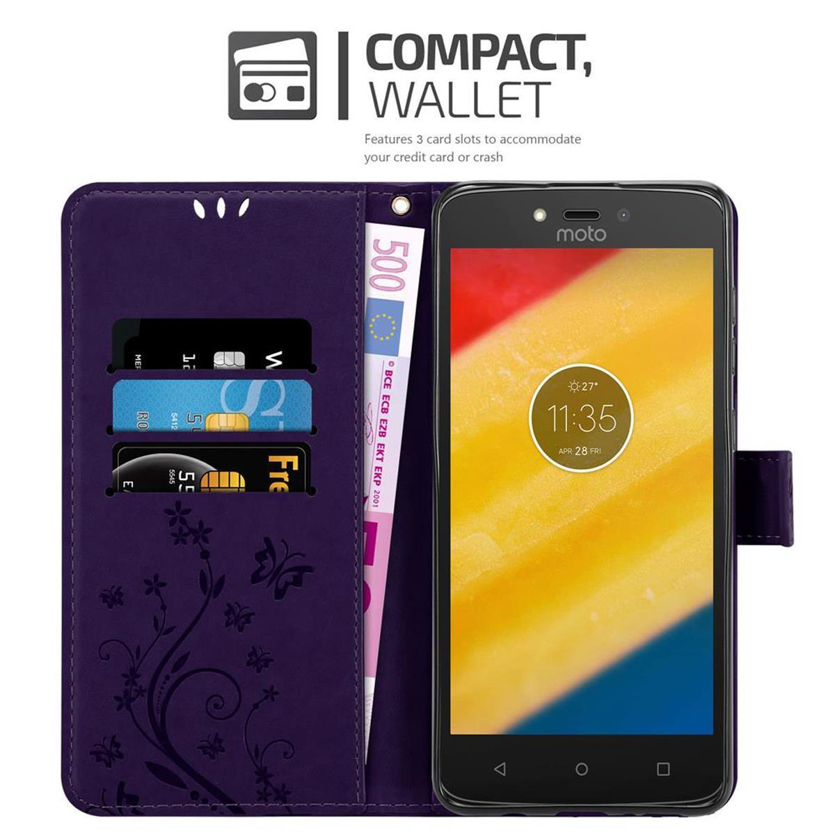 Custodia a portafoglio viola, telefono sullo schermo con sfondo colorato. Etichetta portafoglio compatto. Sfondo bianco.