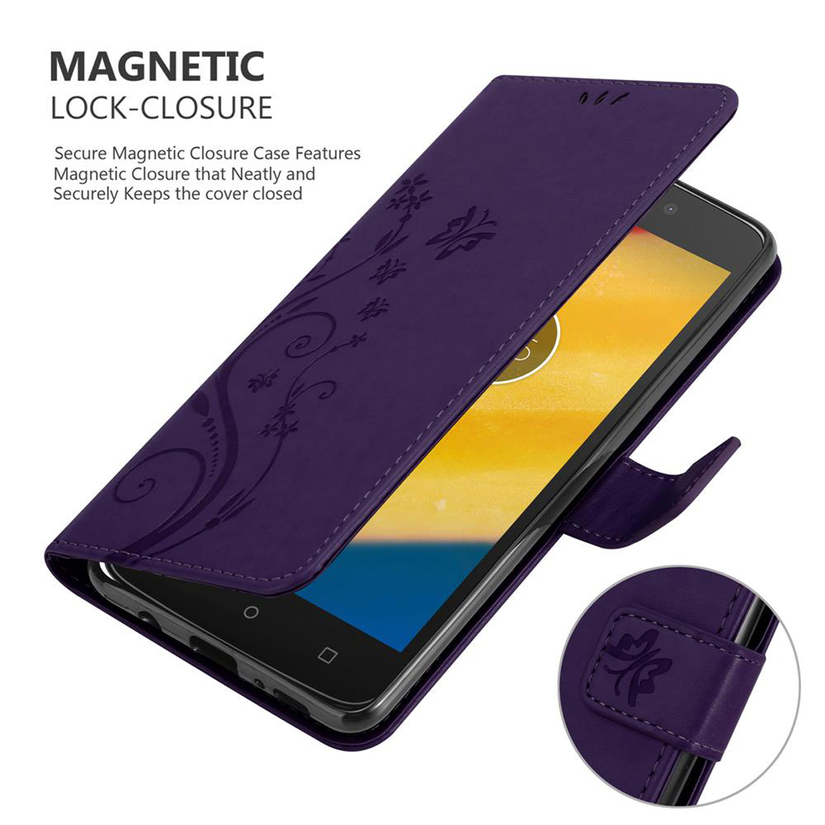 Custodia viola aperta, che mostra un telefono. Design floreale. Dettagli chiusura magnetica.