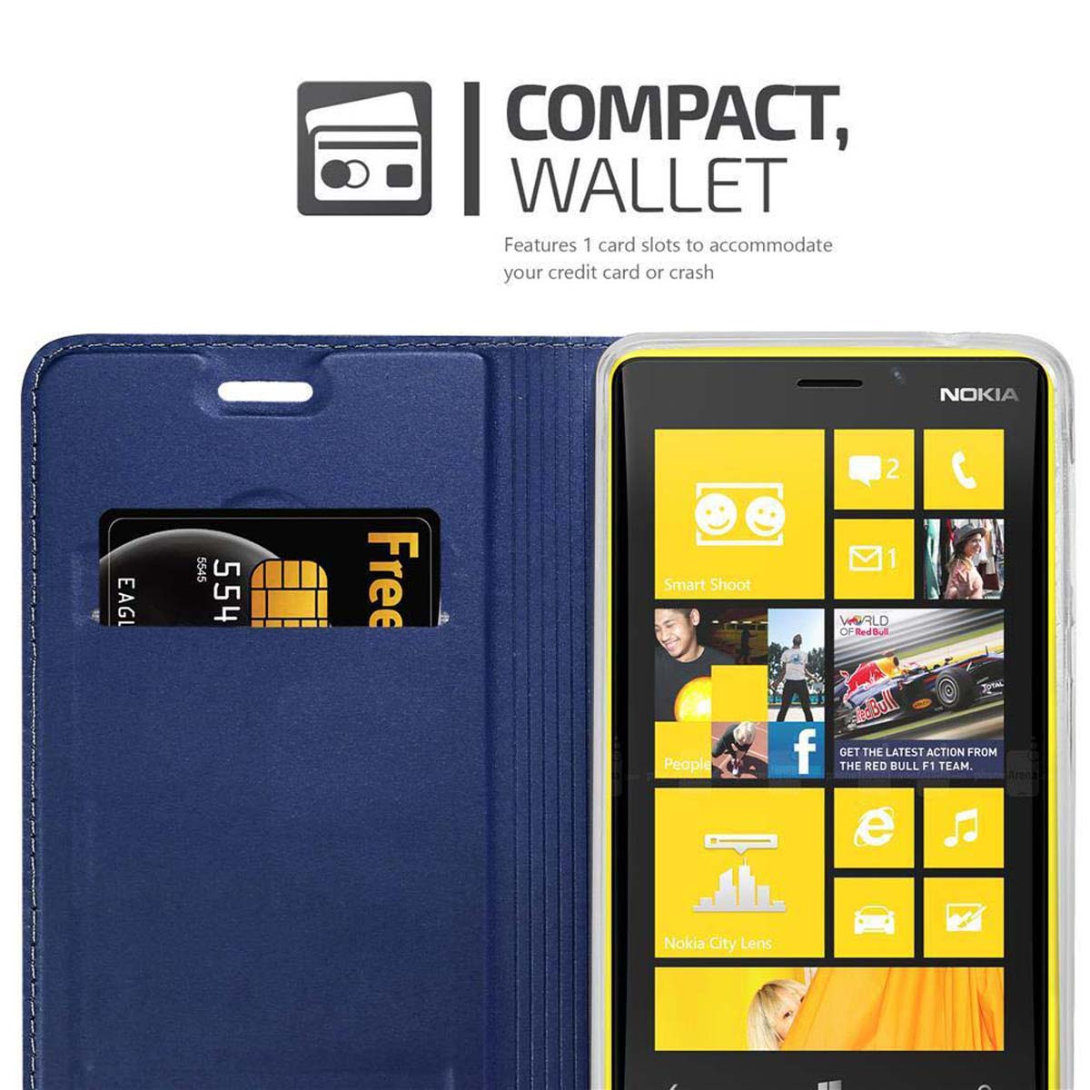 Custodia per telefono blu che mostra lo schermo. Testo: Compatto, Portafoglio. Carta nello slot. Telefono con icone.