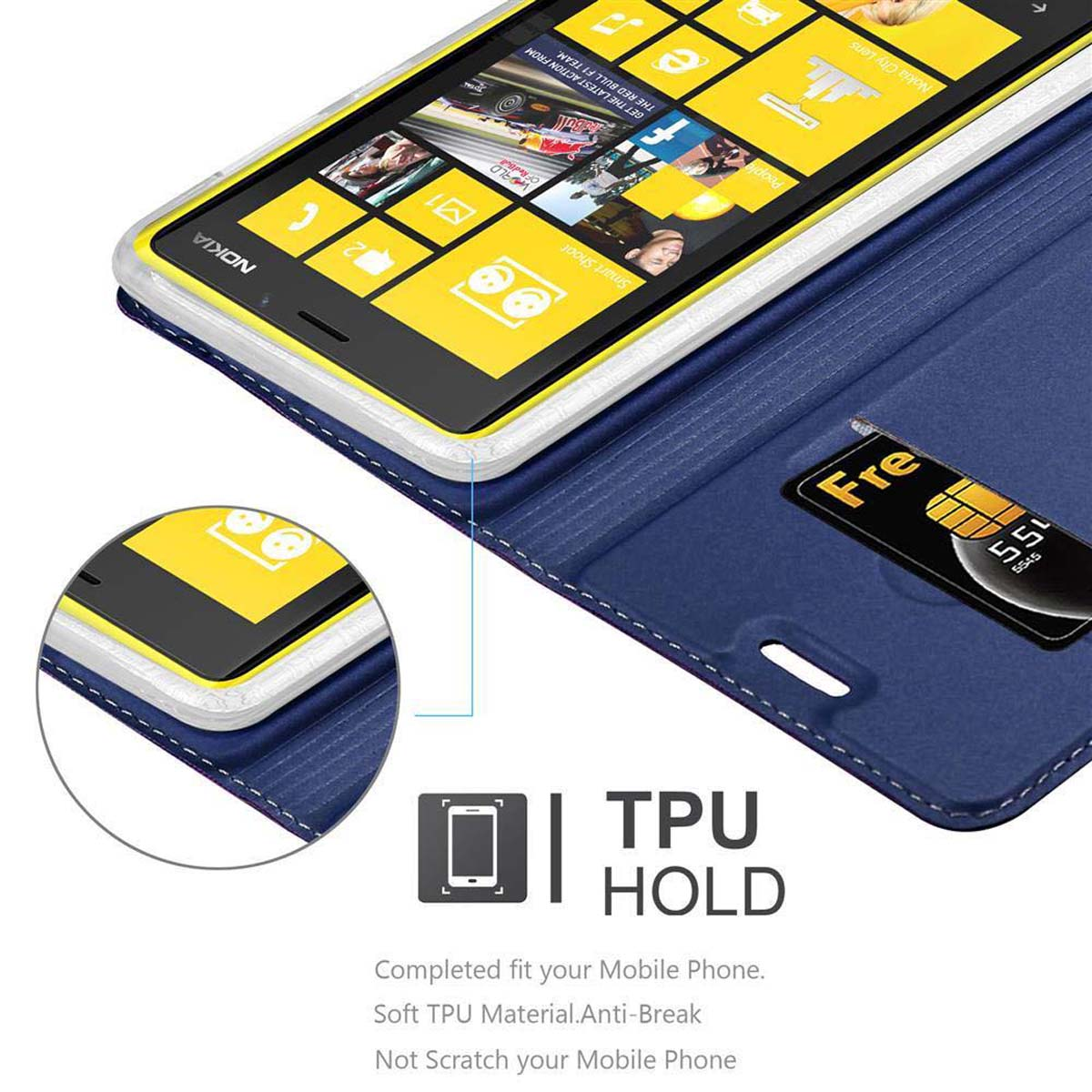 Telefono con un'interfaccia e una SIM card. Il telefono è all'interno di una custodia blu.
