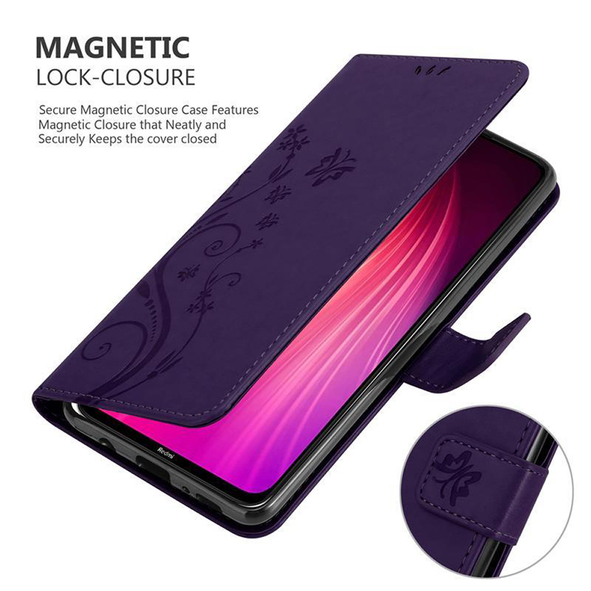 Custodia viola per telefono con design floreale, aperta. Schermo del telefono visibile. Chiusura magnetica mostrata.