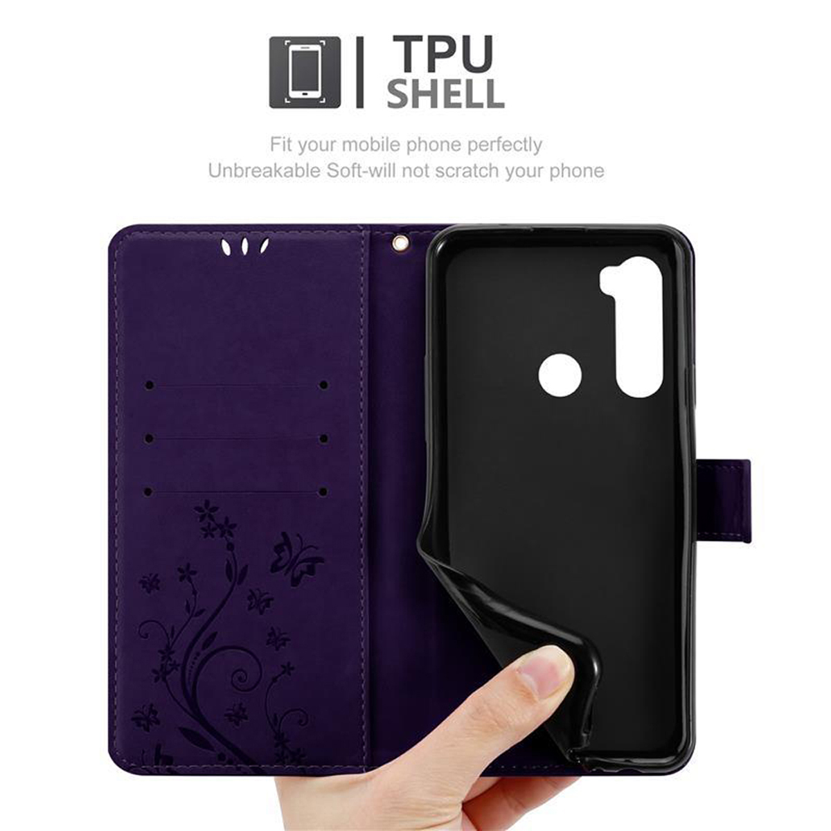 Custodia per telefono viola con coperchio aperto che mostra un telefono all'interno. La custodia ha un guscio nero.