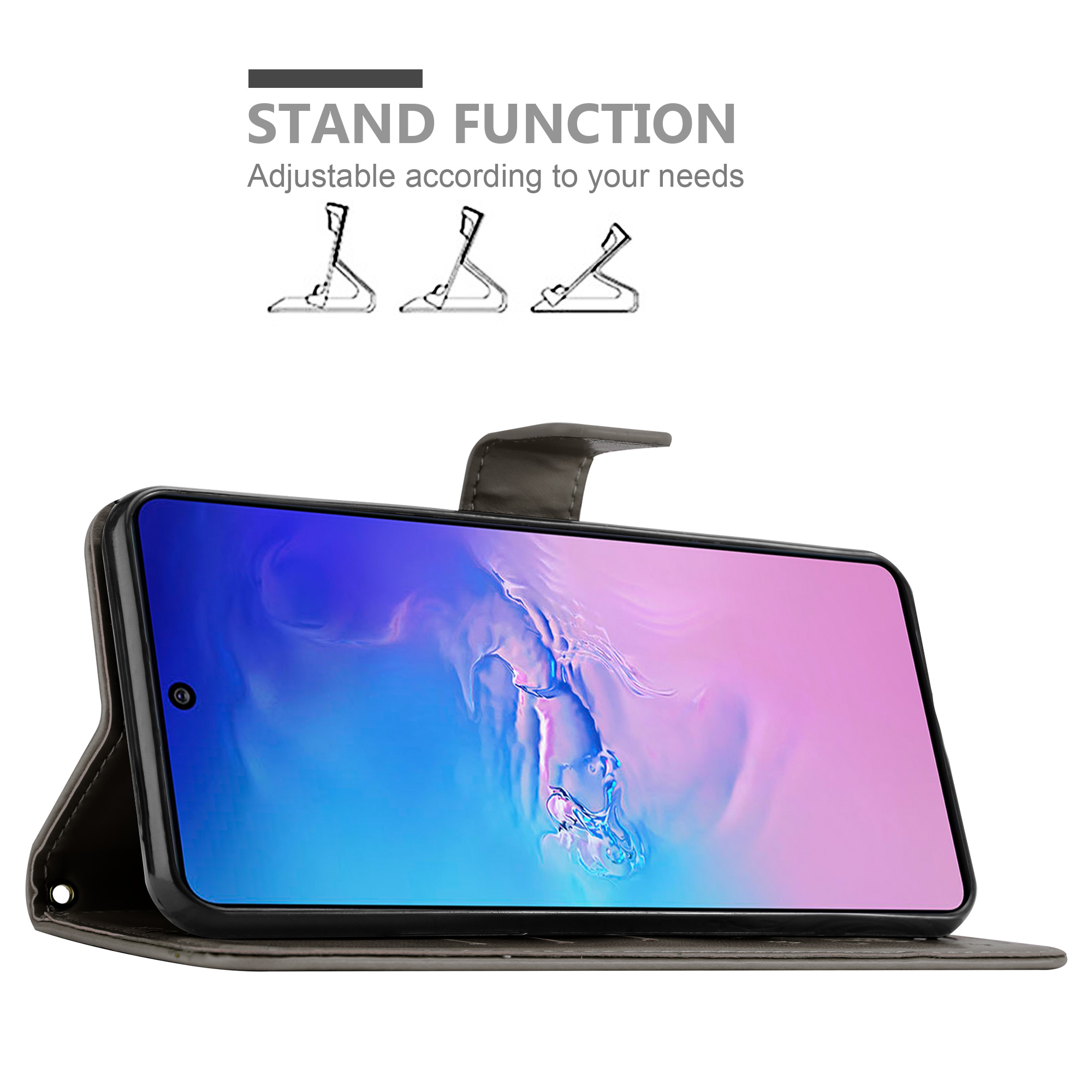 Telefono in una custodia aperta, che mostra la funzione stand. Lo stand ha tre diverse posizioni.