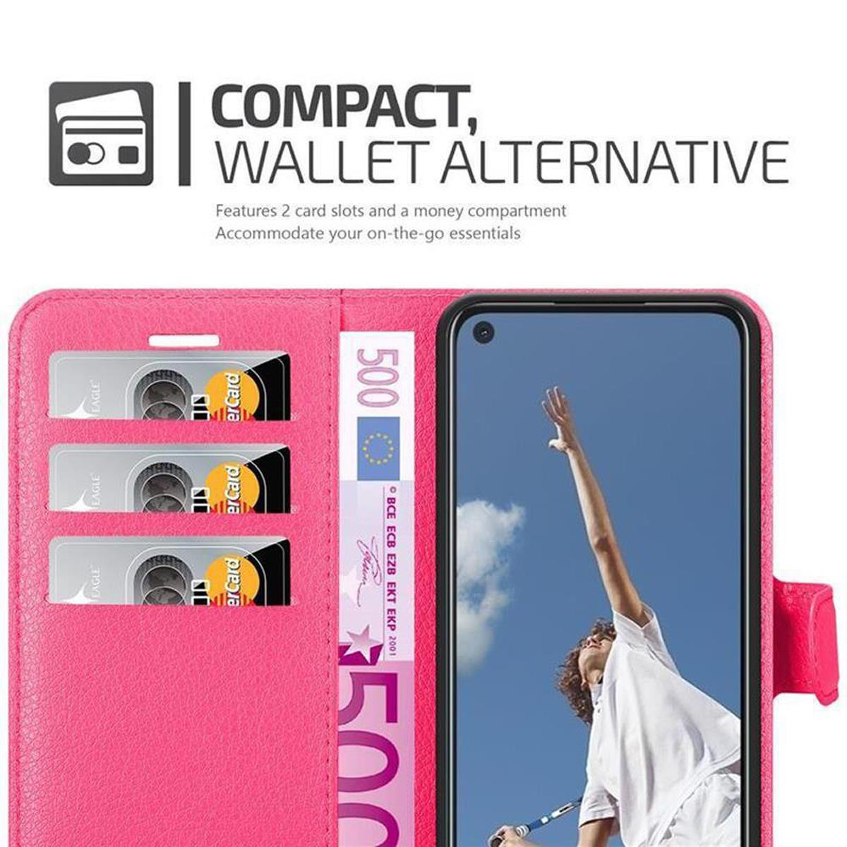 Offene rosa Geldbörse-Handyhülle mit Karten und Geld, die einen Telefonbildschirm zeigt.