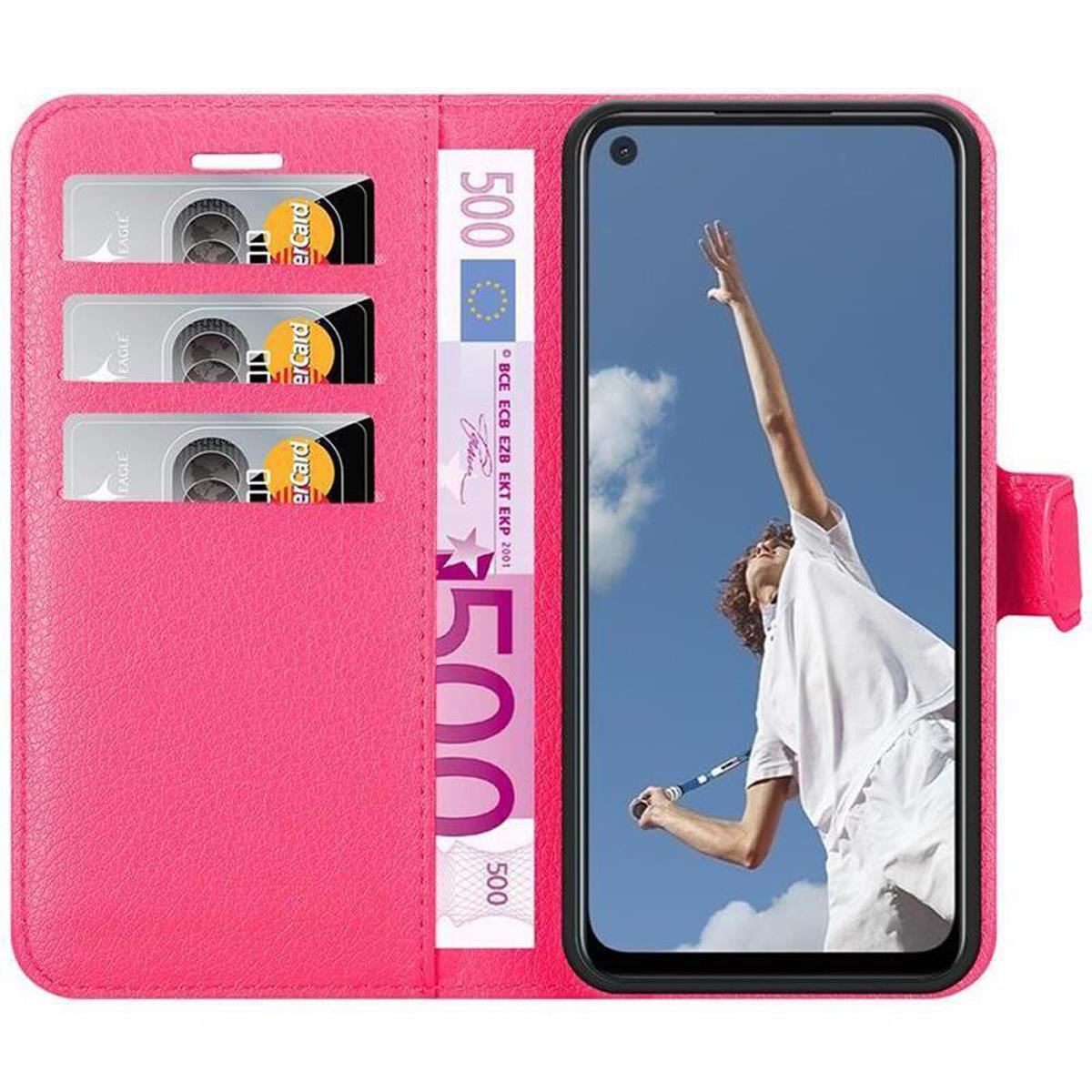 Rosa Handyhülle mit Telefon, Kreditkarten und Geld.