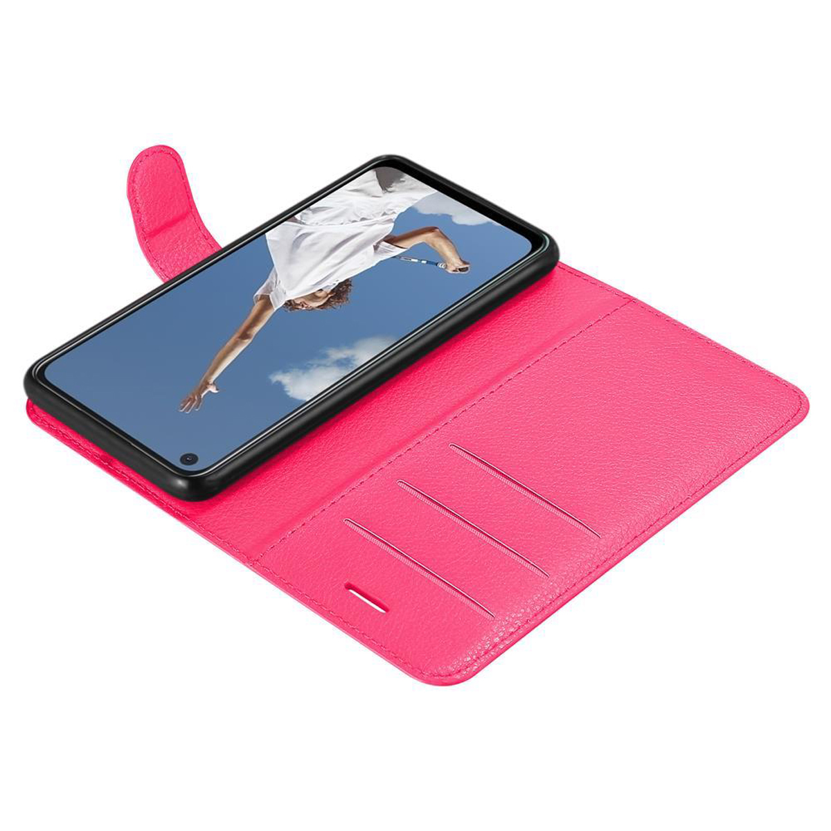 Pinkfarbene Handyhülle mit Telefon darin, geöffnet. Zeigt eine Frau auf dem Telefonbildschirm.