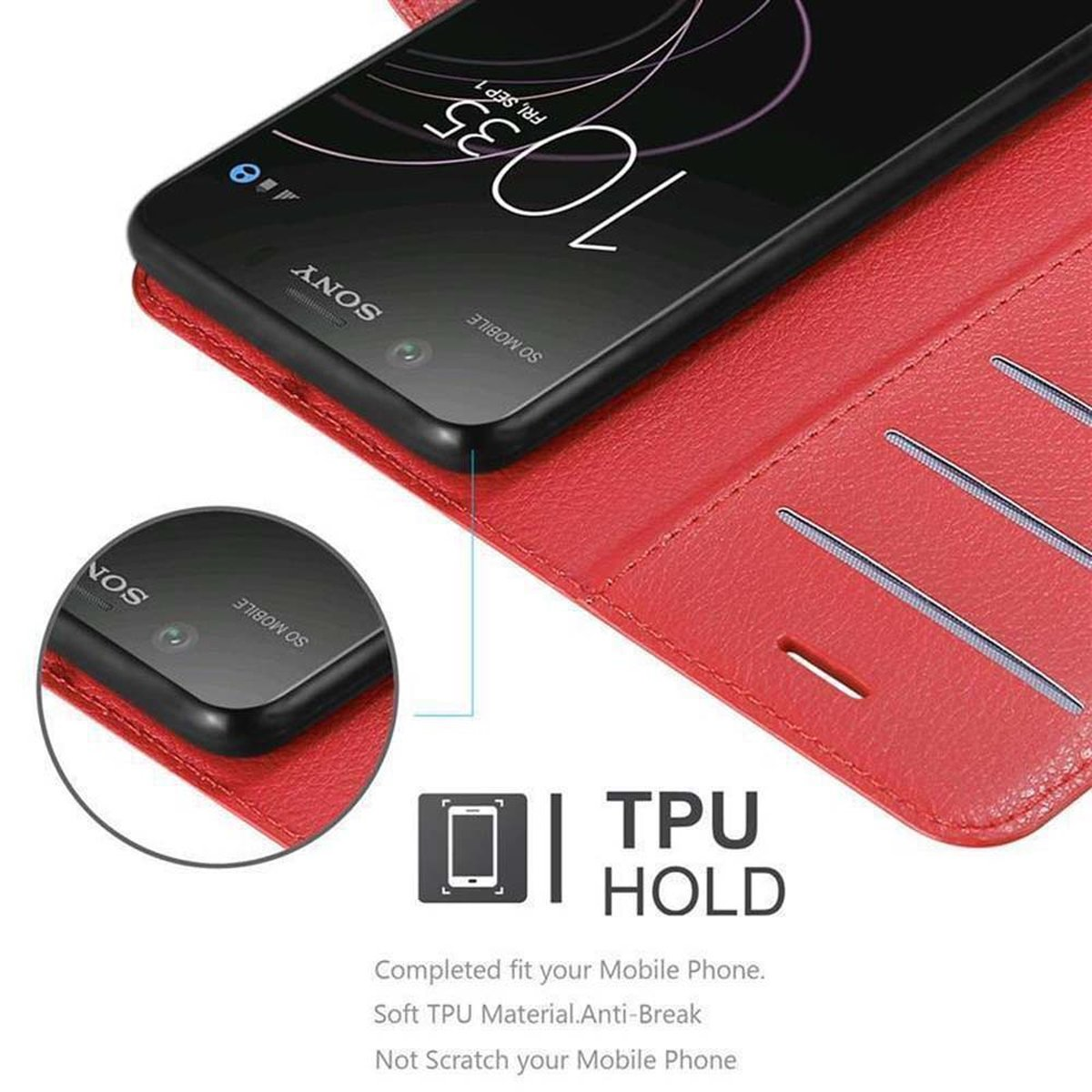 Telefon in roter Brieftasche mit Uhrzeit. Text: TPU-Halterung, Weiches TPU-Material, Anti-Bruch.