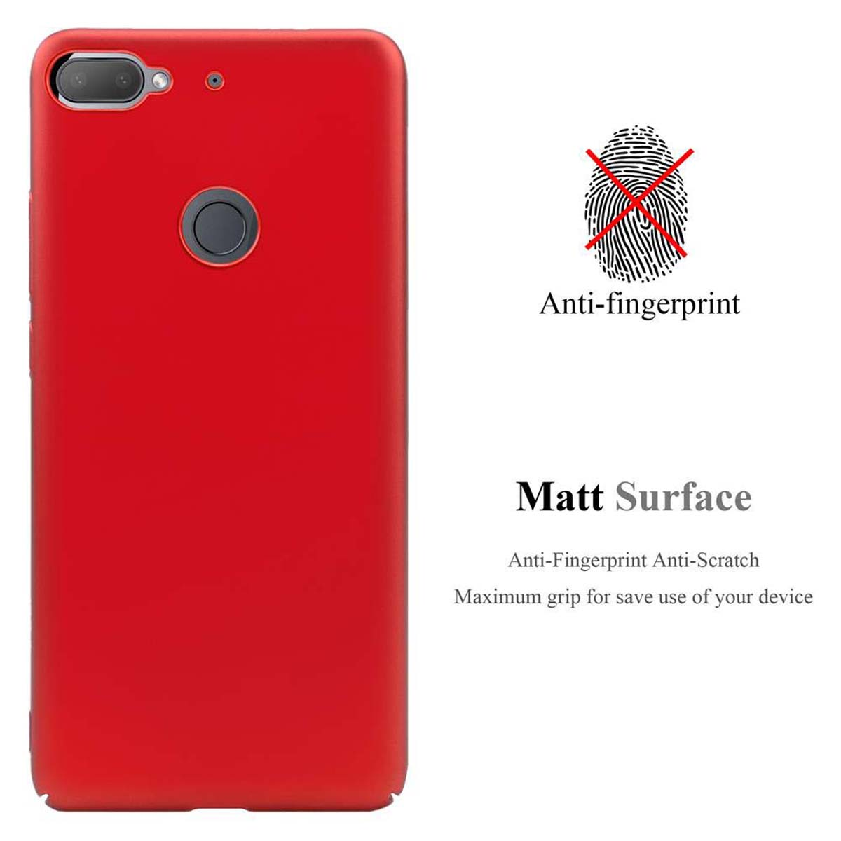 Rote Handyhülle. Der Text lautet 'Anti-Fingerprint' und 'Matt Surface'.