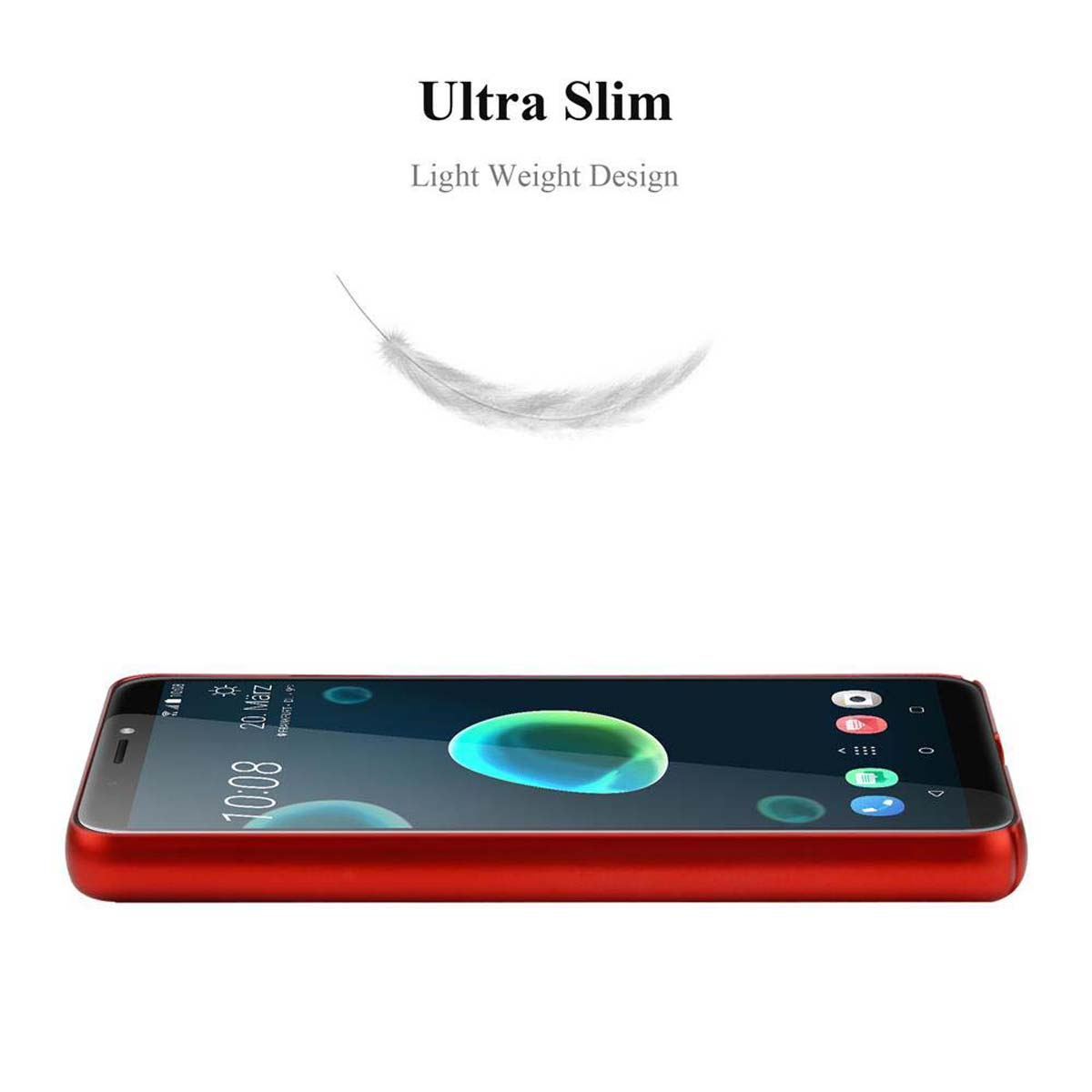 Rotes Telefon auf weißer Oberfläche, Feder darüber. Text: „Ultra Slim“ und „Leichtes Design“.