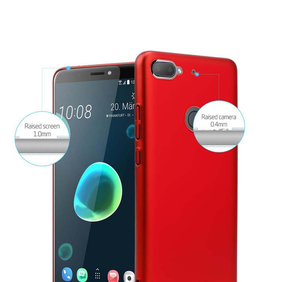 Rote Handyhülle mit Telefon. Der Bildschirm zeigt die Uhrzeit und hat eine erhöhte Kamera.