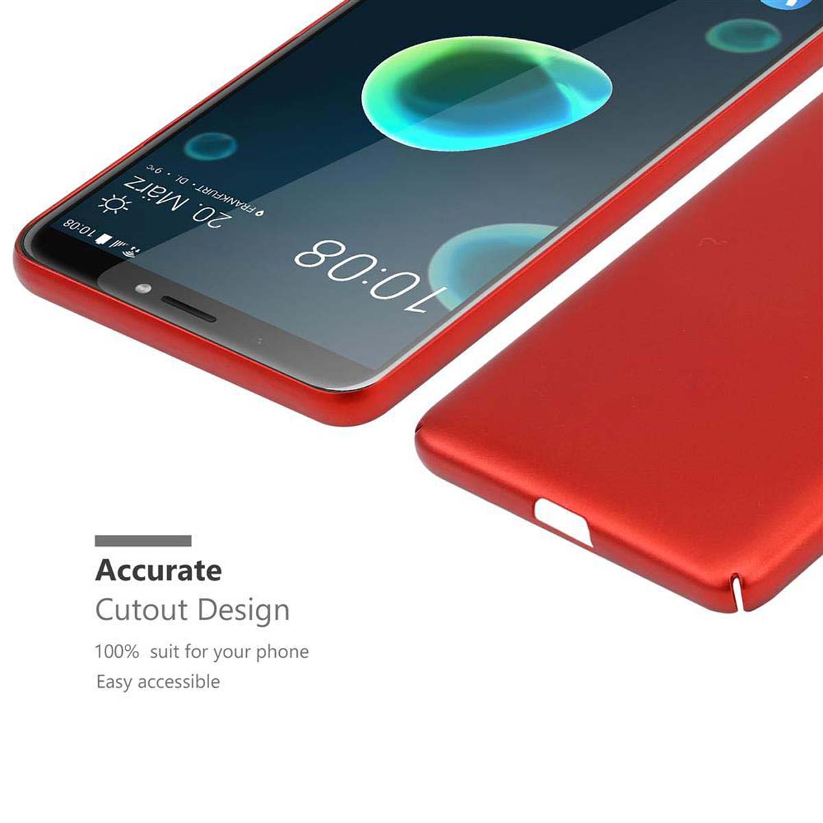 Eine rote Handyhülle mit einem Telefon darin, wobei der Bildschirm eine App-Oberfläche zeigt.