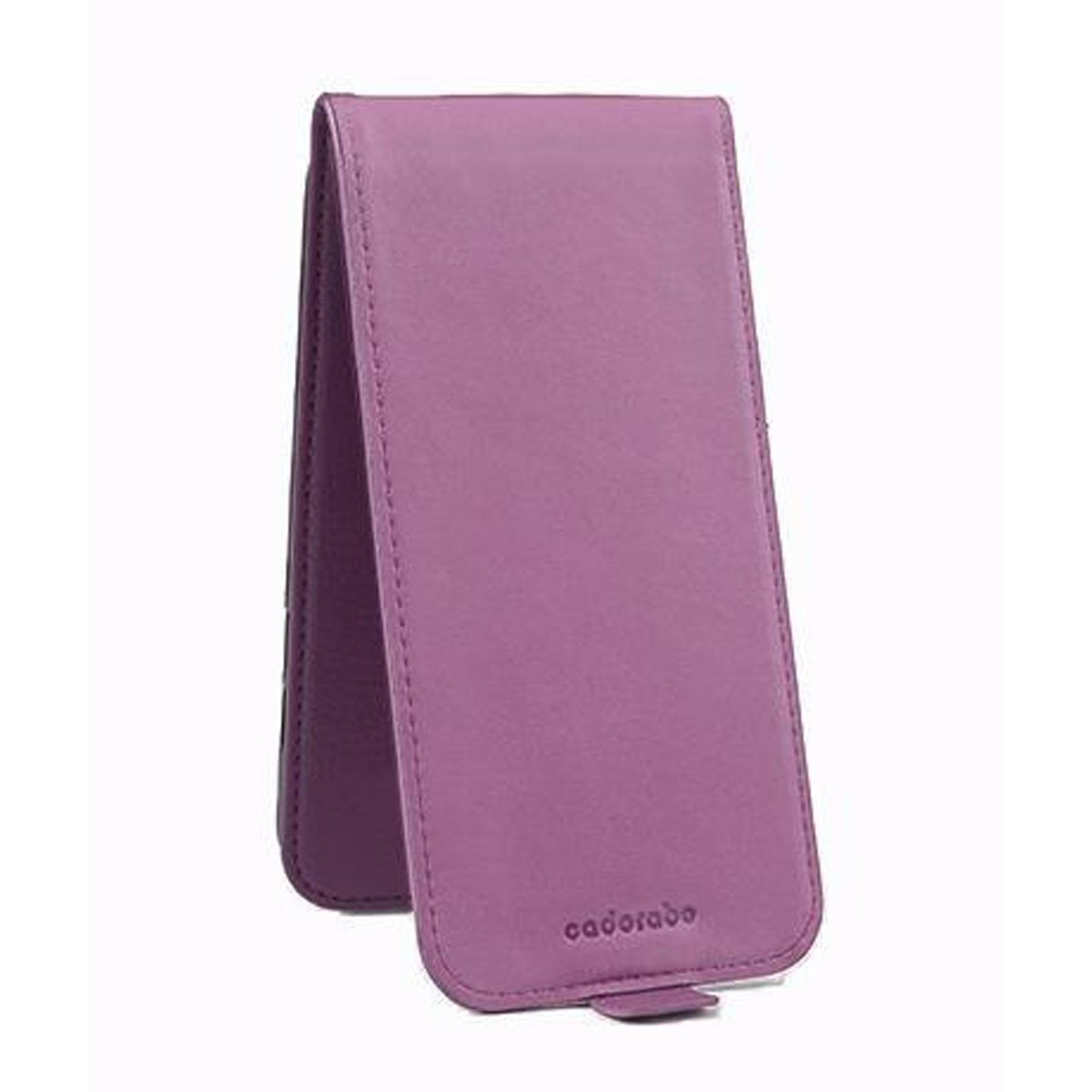 Custodia per telefono viola, chiusa. La custodia è di colore pieno e riporta il nome del marchio.