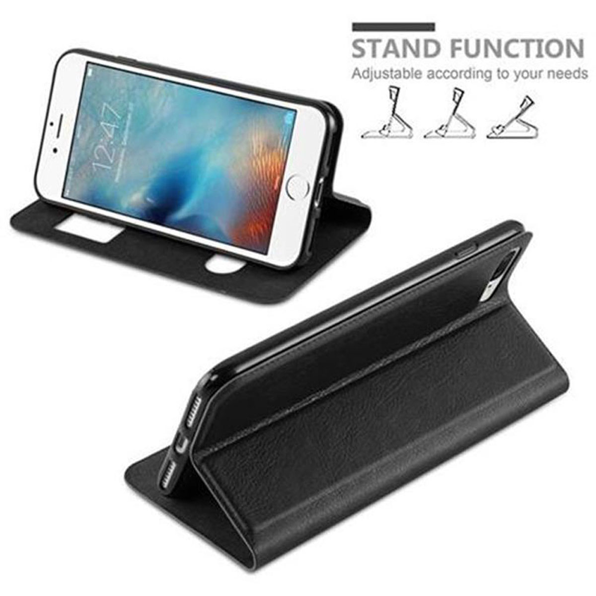 Un telefono in una custodia nera con funzione stand. Il telefono è in posizione aperta.