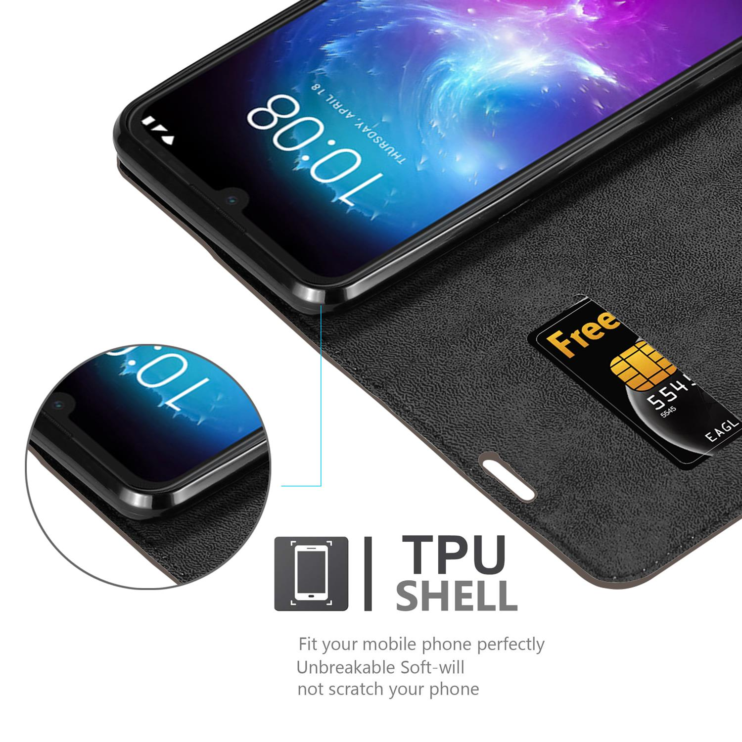Custodia nera per telefono aperta. Lo schermo del telefono mostra l'ora. È visibile una SIM card gratuita.