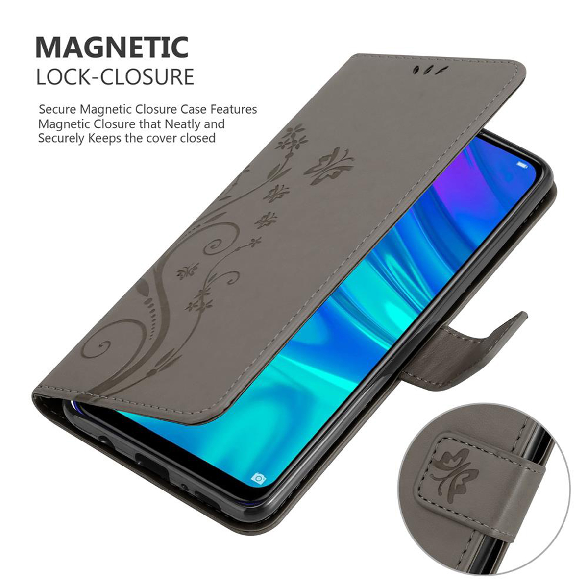 Custodia per telefono grigia aperta con motivo floreale. Schermo del telefono visibile.