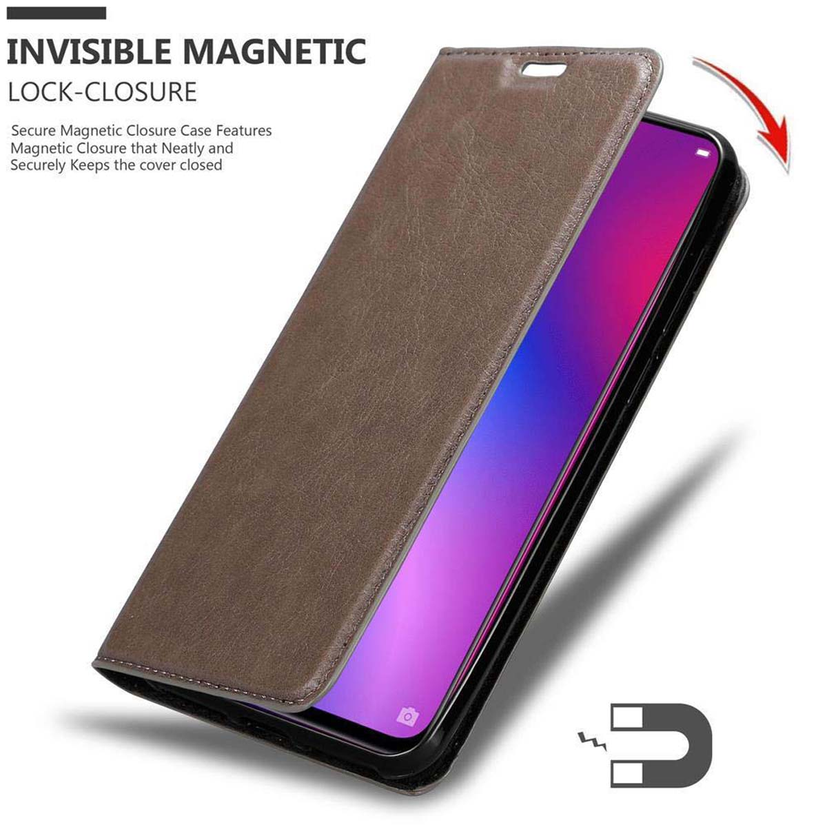 Custodia marrone per telefono, aperta. Testo: Chiusura magnetica invisibile. Un magnete mostra la chiusura.