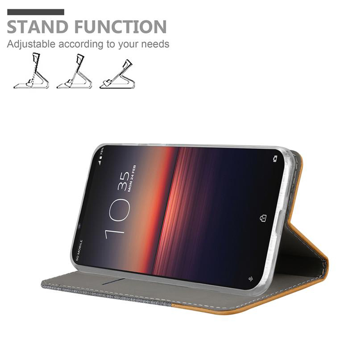 Custodia per telefono con funzione stand. Il telefono è aperto, mostrando lo schermo.