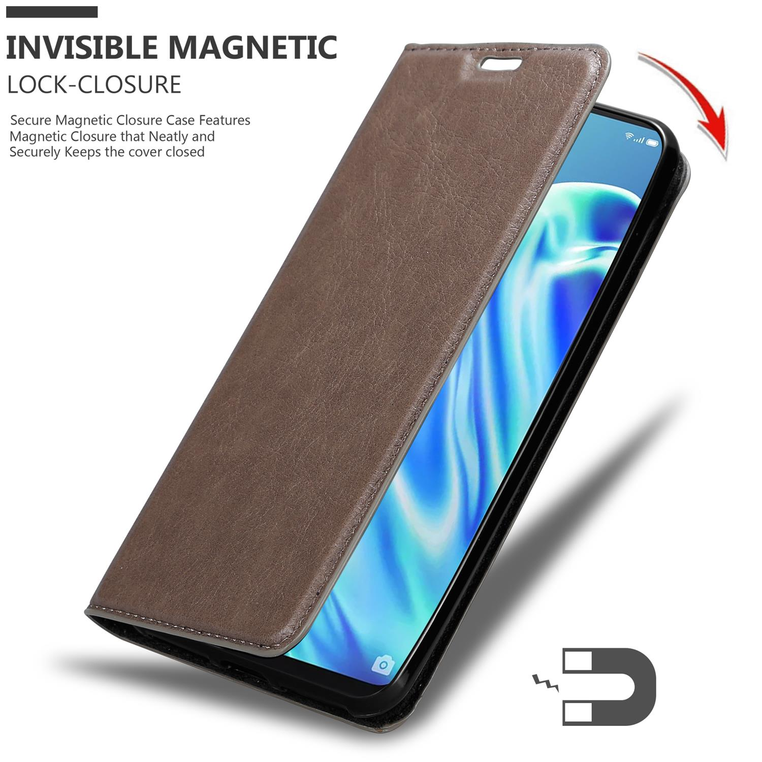 Braune Handyhülle, offen, um ein Telefon freizugeben. Die Hülle hat einen unsichtbaren Magnetverschluss.