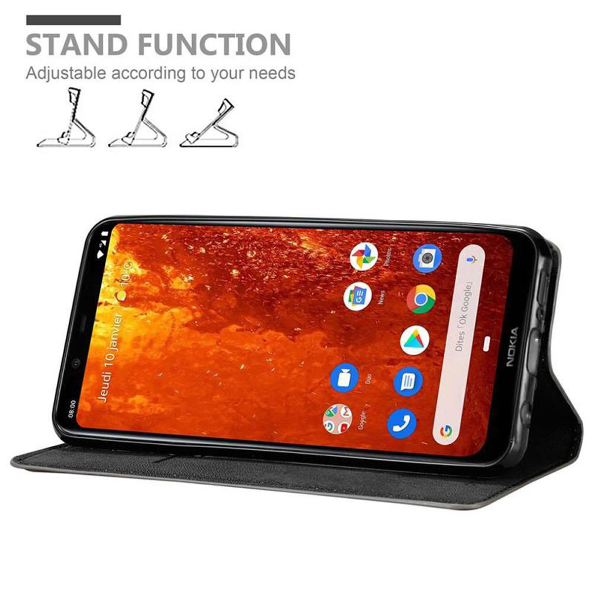 Telefon in einer Klapphülle, geöffnet, um den Bildschirm anzuzeigen. Die Hülle ist schwarz.