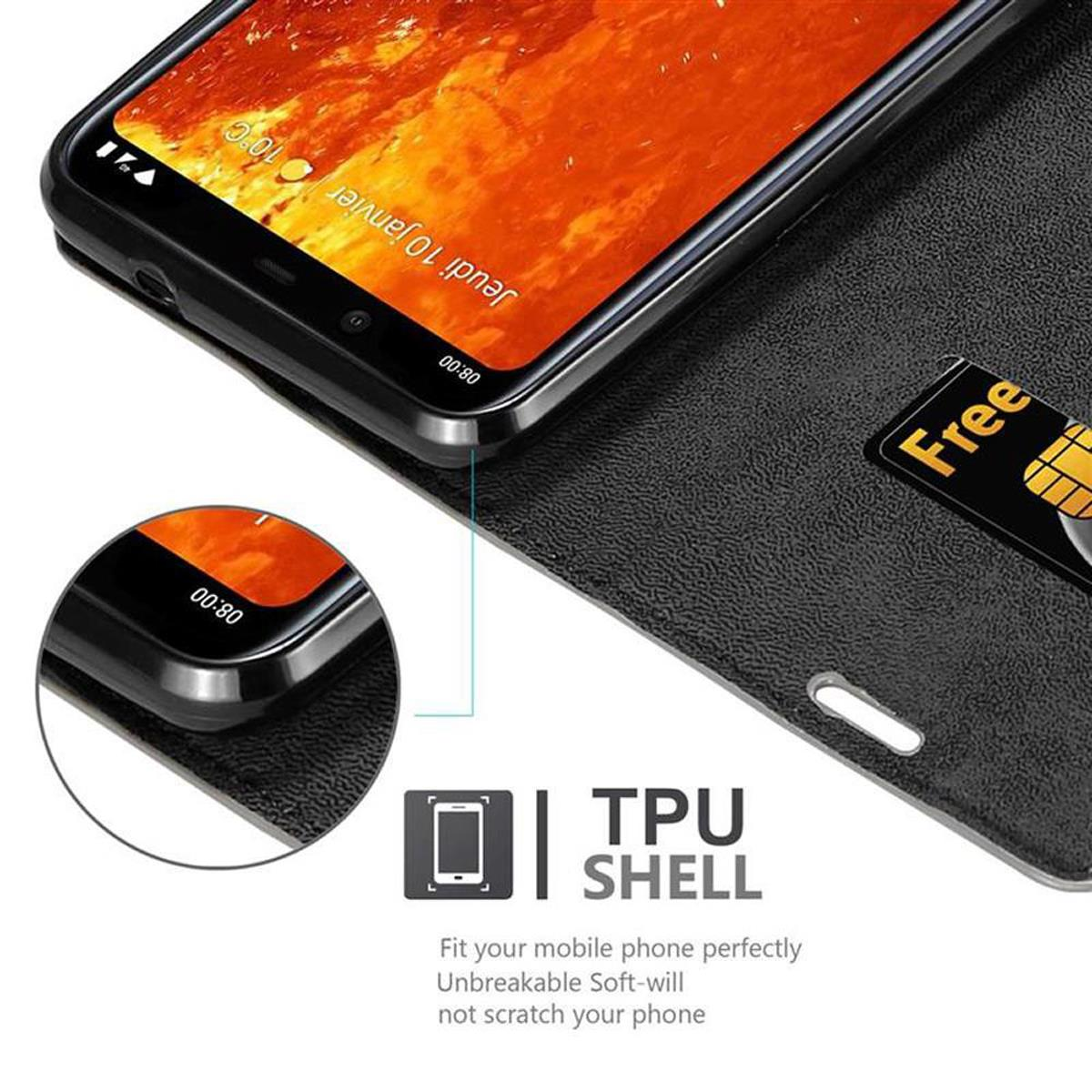 Schwarze Handyhülle mit Telefon. Der Bildschirm ist orange, und eine SIM-Karte ist sichtbar.