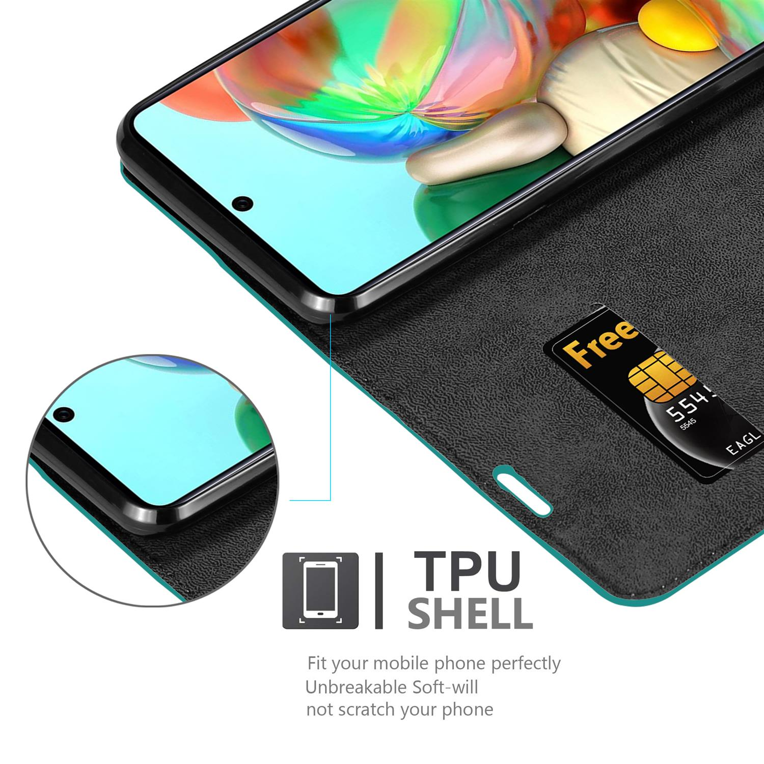 Una custodia per telefono aperta con un telefono e una carta visibile. La custodia è un guscio in TPU.