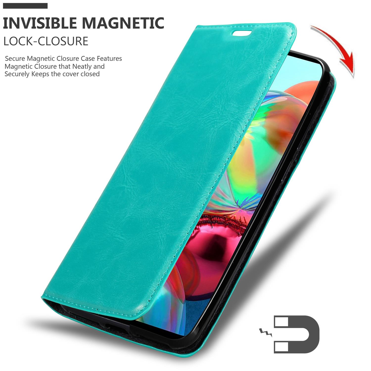 Custodia per telefono verde acqua aperta, con chiusura magnetica. Il telefono è dentro.
