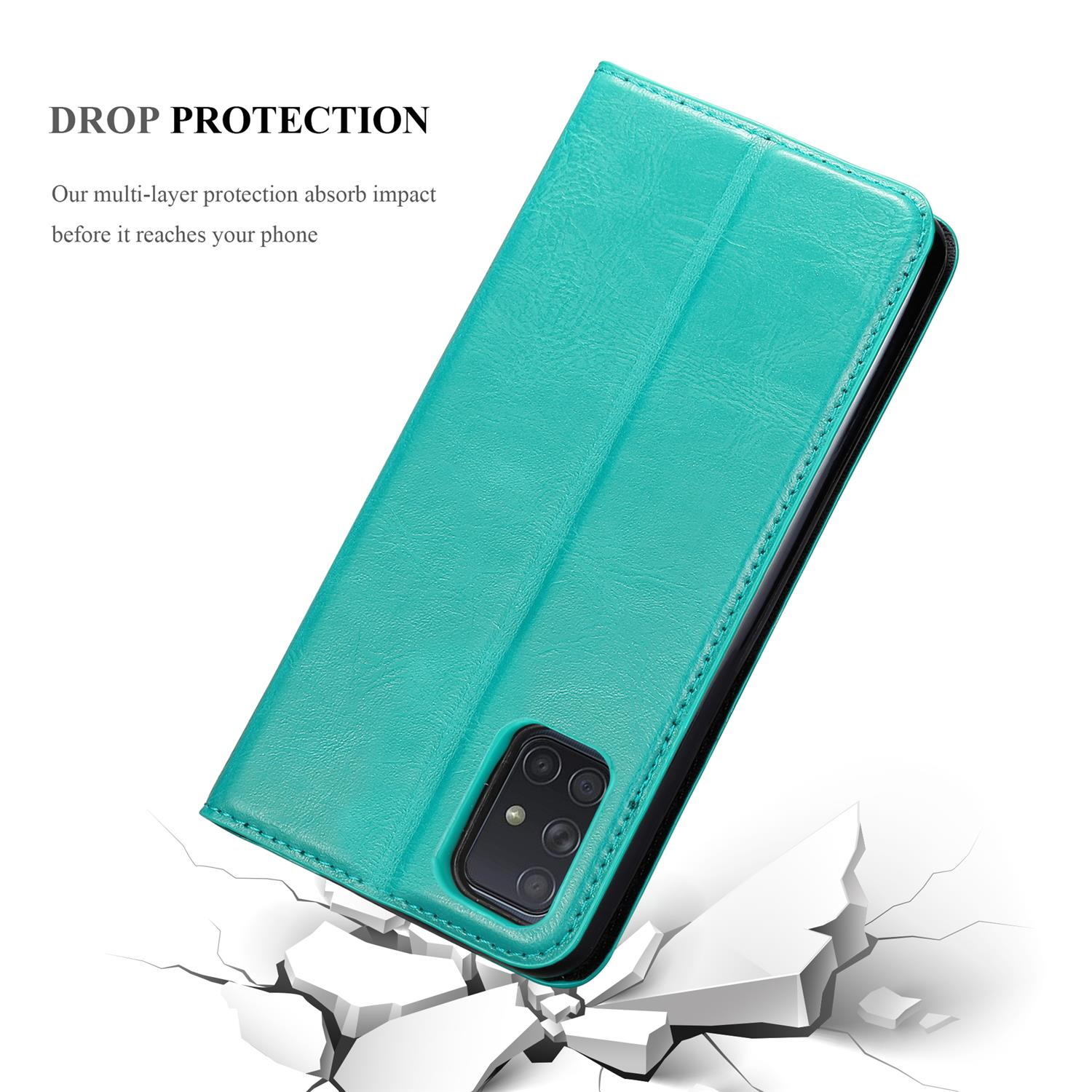 Custodia per telefono color turchese angolata su una superficie bianca, con effetto crepa in basso.
