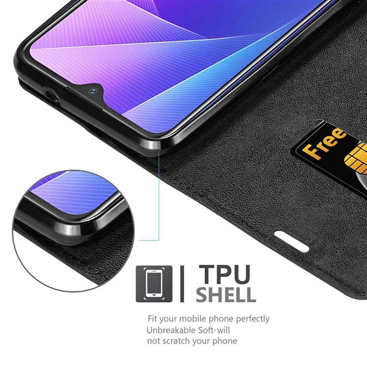 Custodia nera con telefono dentro, carta di credito visibile. Testo: Guscio TPU.