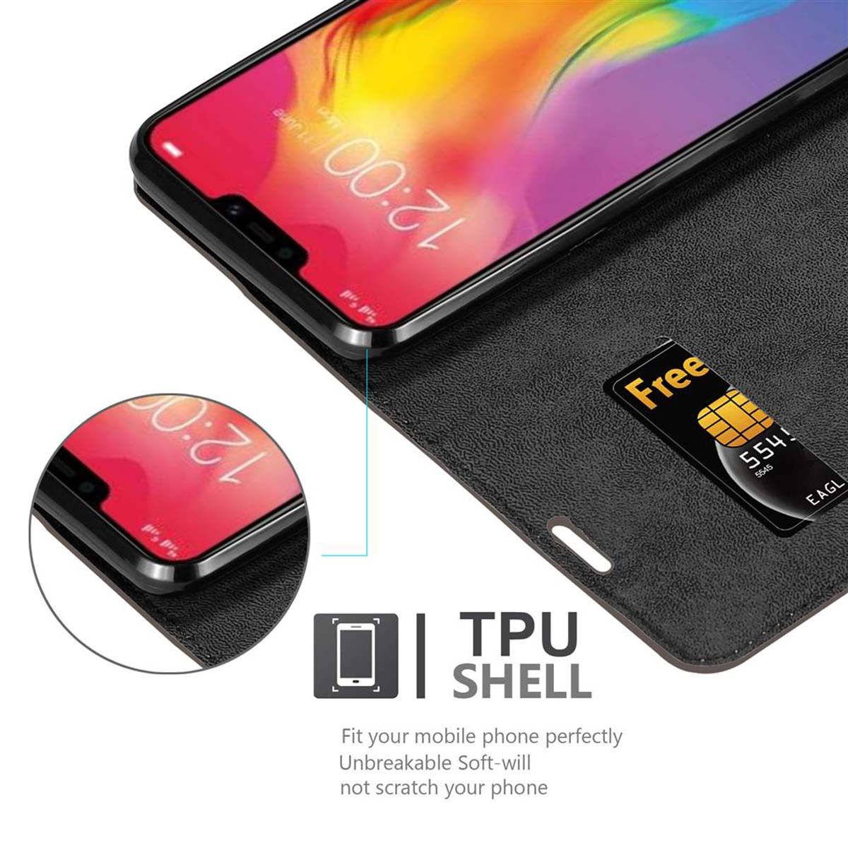 Custodia per telefono nera aperta, con telefono e scheda. Testo: TPU SHELL.